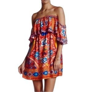 Flying Tomato Off-the-Shoulder Ruffled Mini Dress Red Floral - Sz S